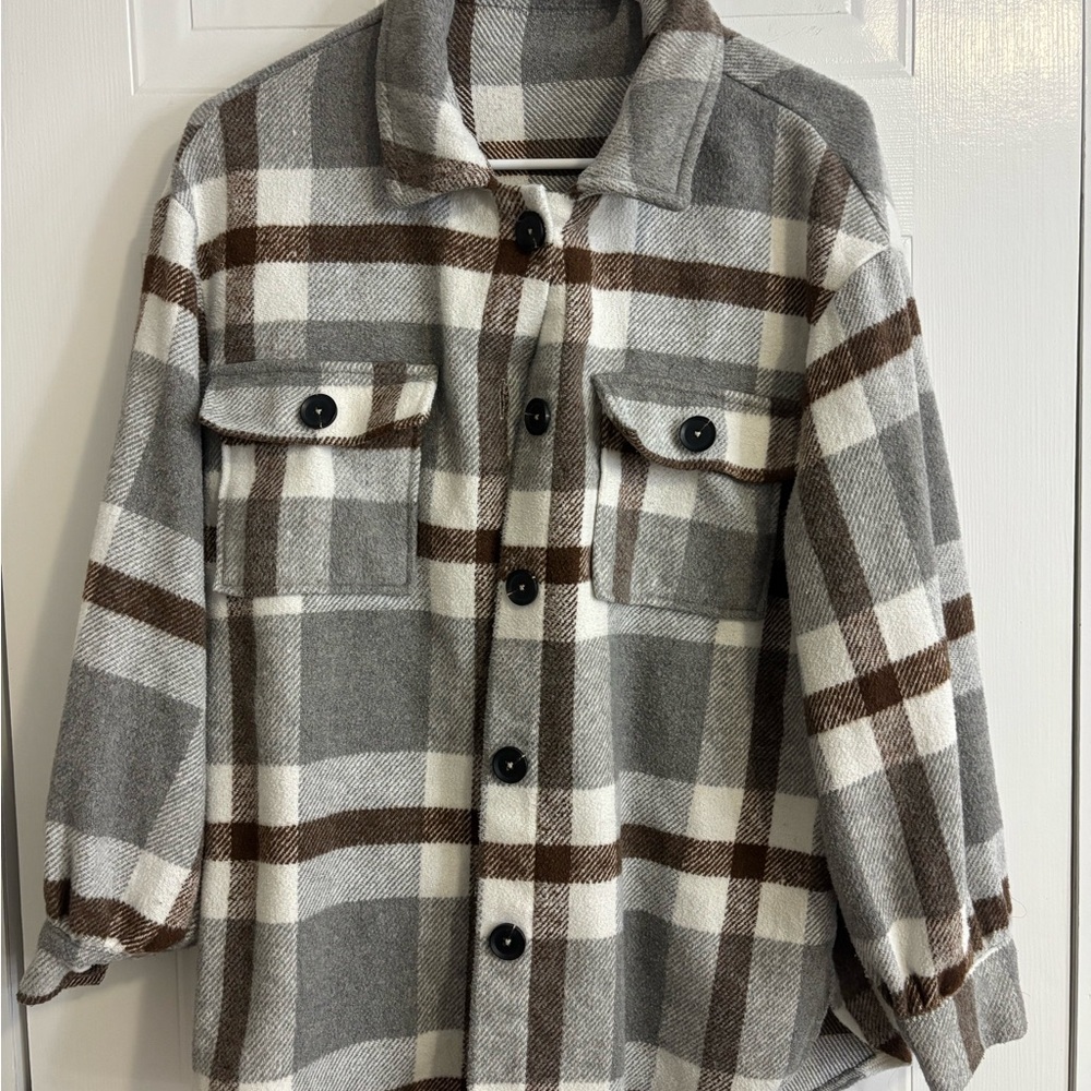 Grey, White & Brown Plaid Button-Up Shacket